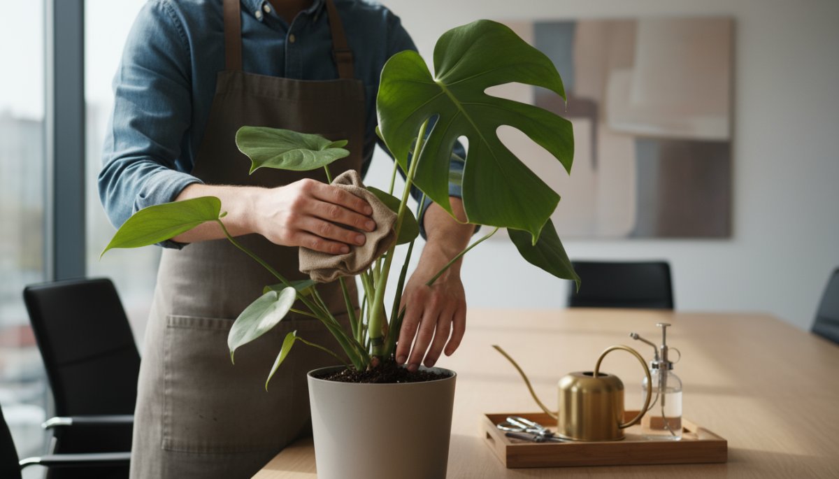 観葉植物のメンテナンス作業風景