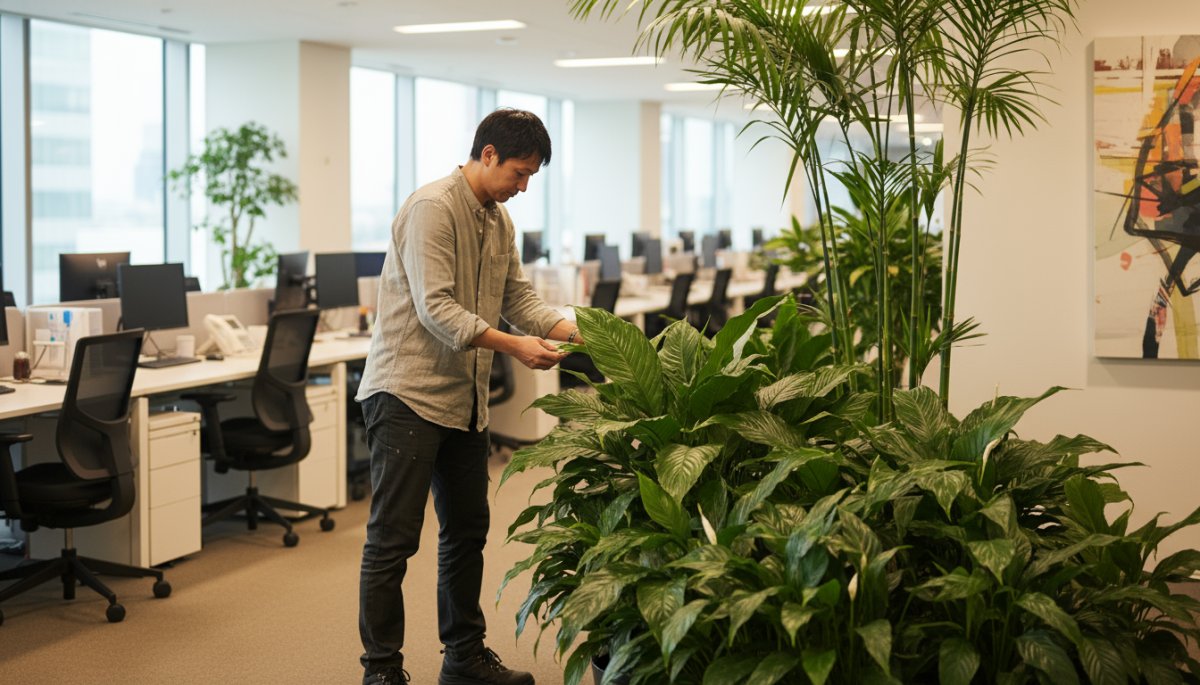 オフィスの観葉植物の状態を確認するイメージ