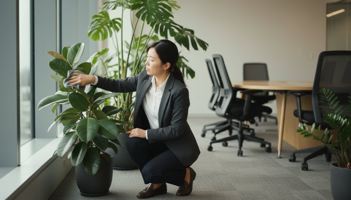 会議室の観葉植物をスタッフがメンテナンスしている様子