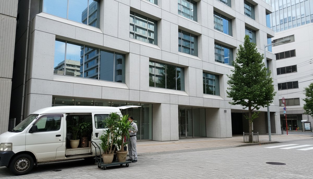 名古屋市内のオフィスビル外観と観葉植物配送トラック