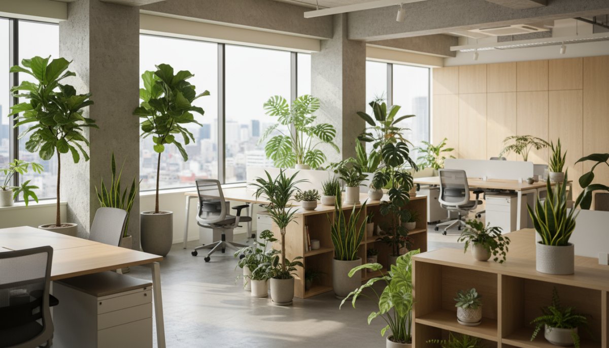 様々なサイズの観葉植物が配置されたオフィス空間