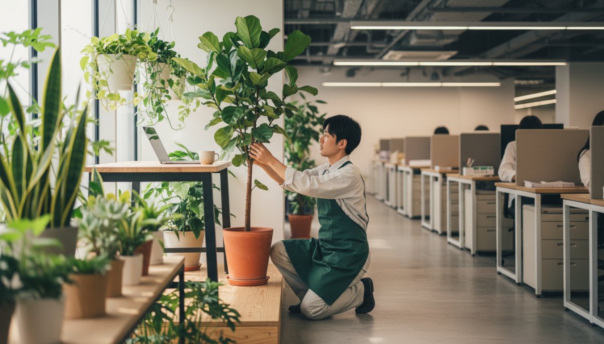 観葉植物の設置作業を行うプロのスタッフ