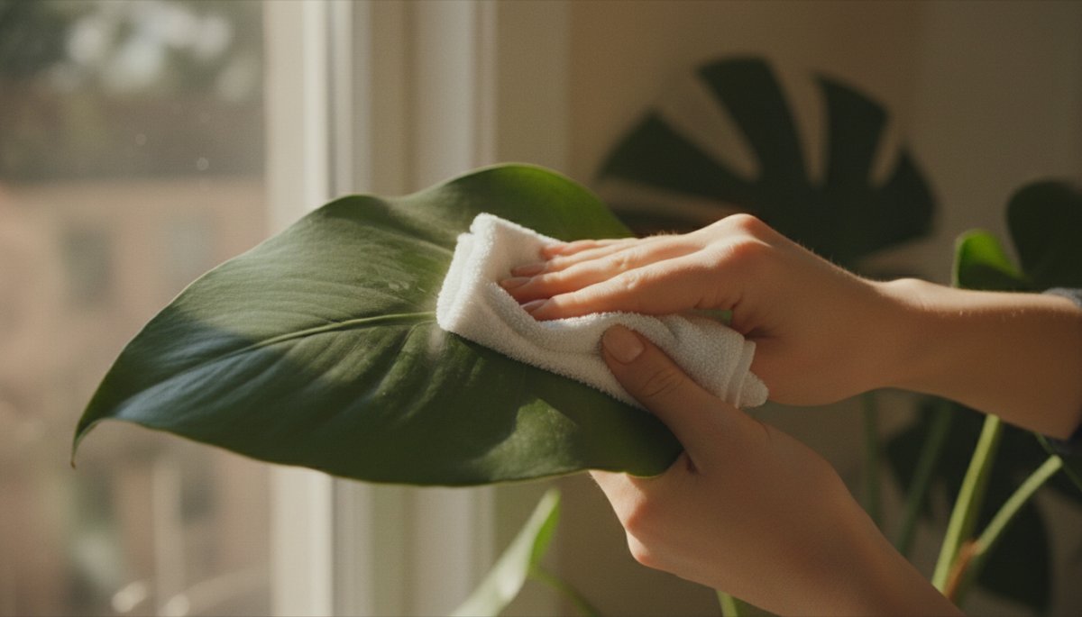 オフィス観葉植物のメンテナンスにおける葉の清掃作業