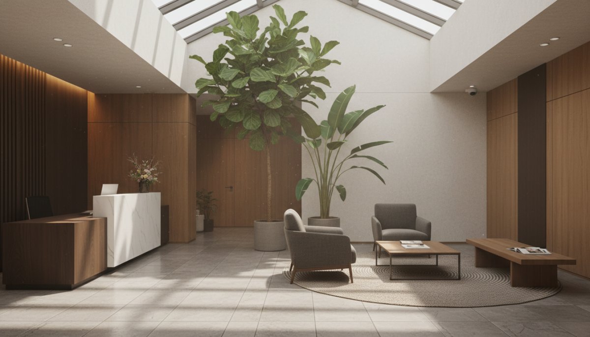 企業イメージ向上のためオフィスエントランスに観葉植物を配置した風景