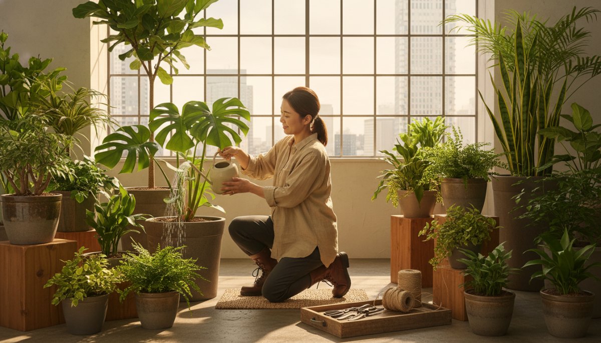 プロによる観葉植物メンテナンス作業風景