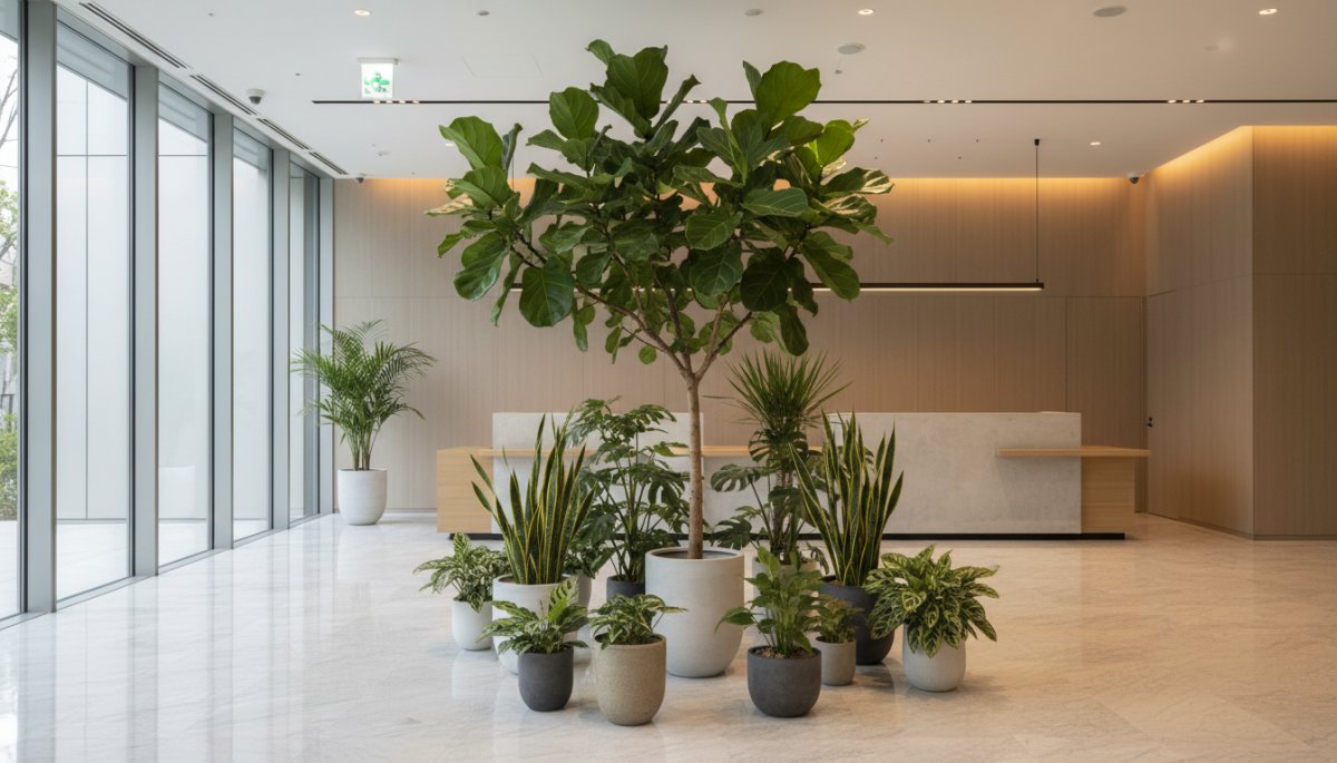 企業エントランスでの観葉植物特注サイズ配置の例