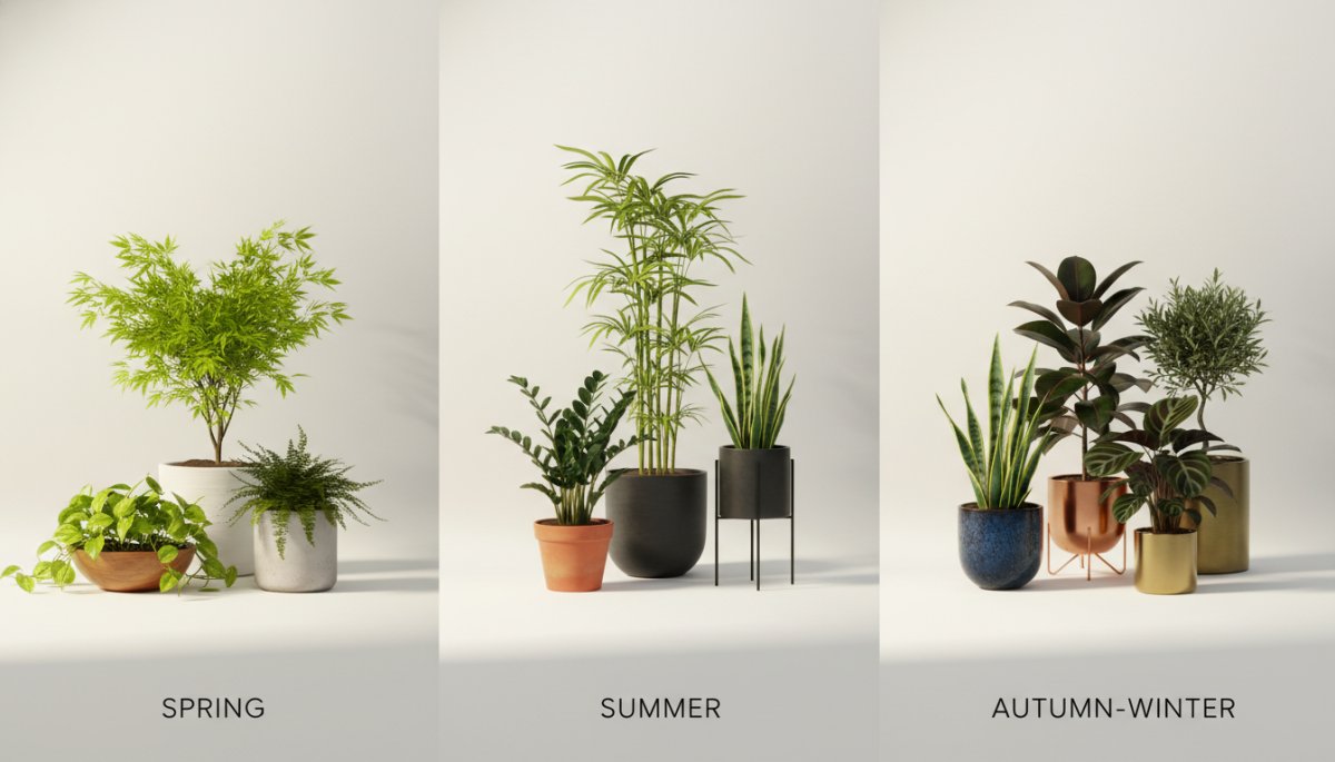 季節ごとに入れ替えられた観葉植物のバリエーション