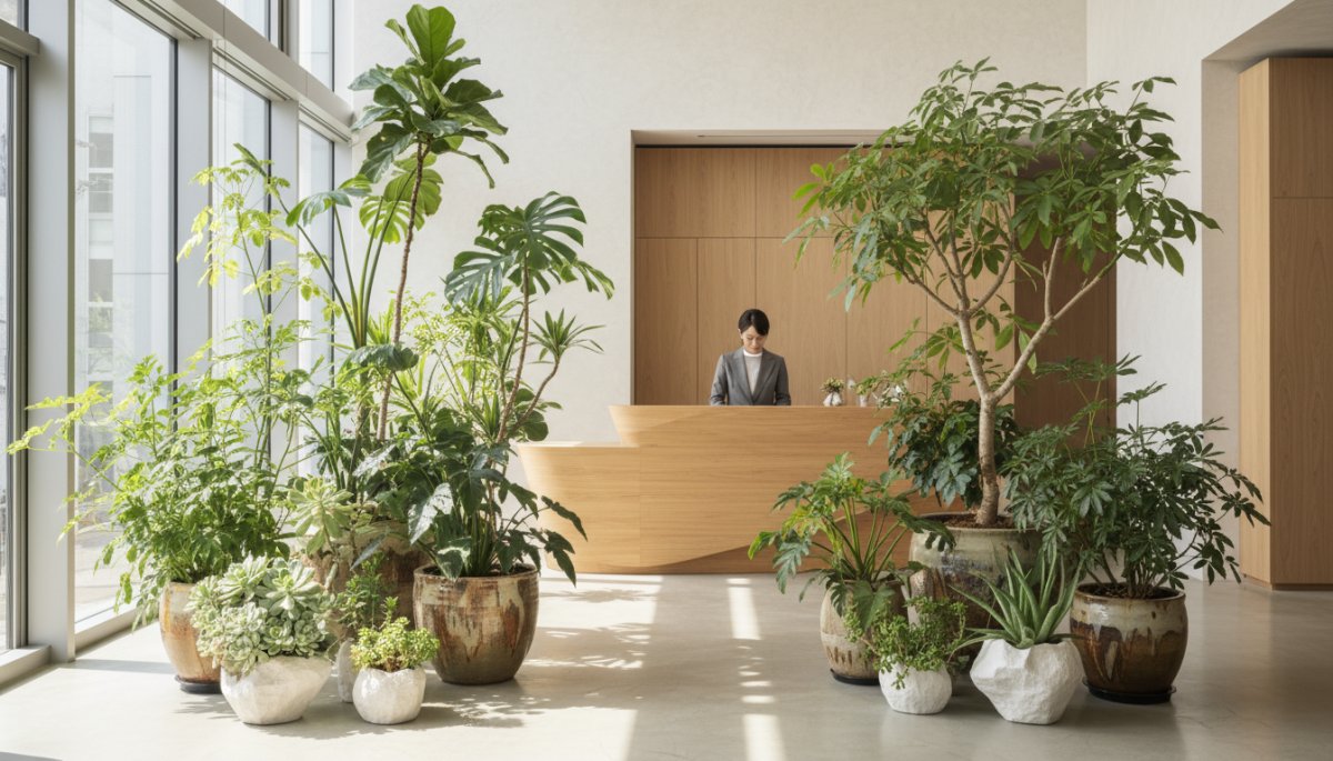 オフィスに設置された様々なサイズの観葉植物