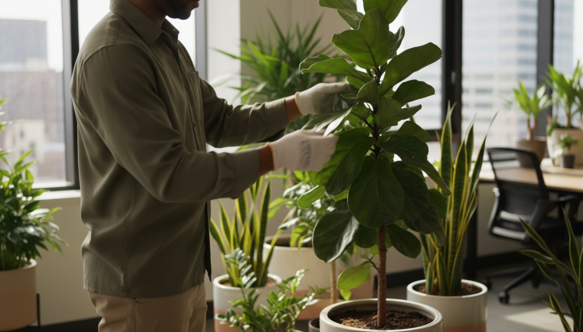 プロによる観葉植物の定期訪問メンテナンス風景