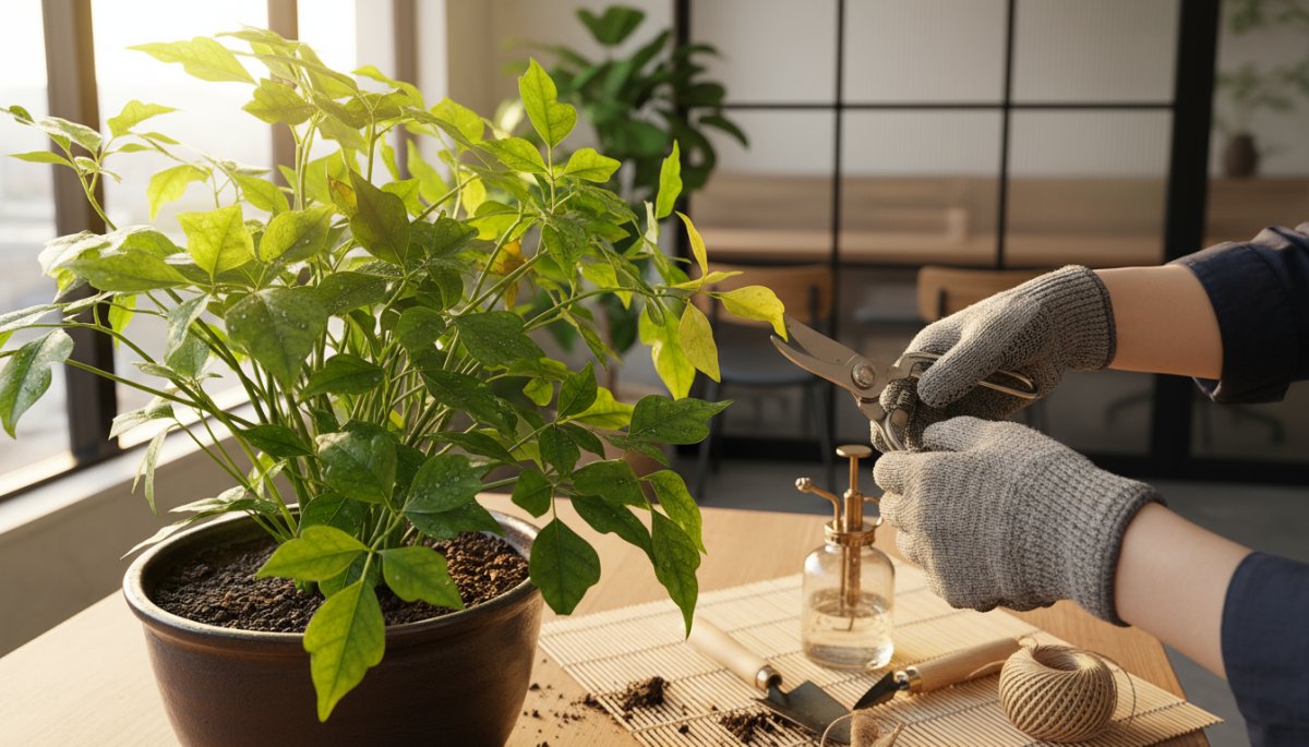 プロによる観葉植物の定期メンテナンス作業風景