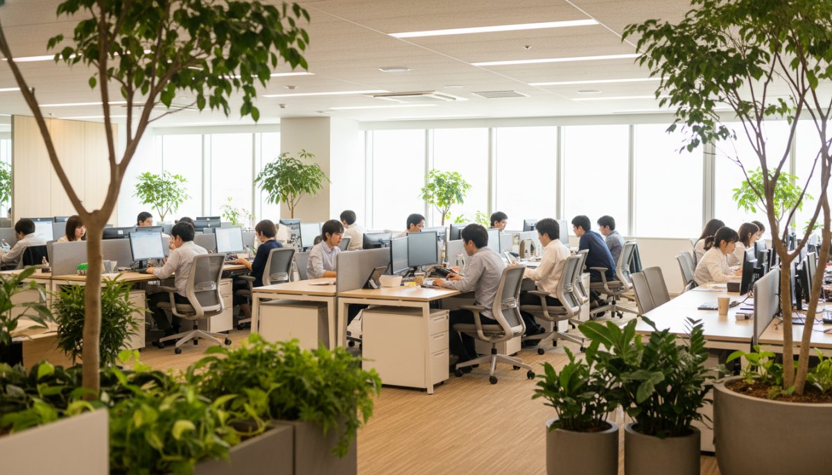 観葉植物による職場の緑化効果でオフィス環境が改善するイメージ