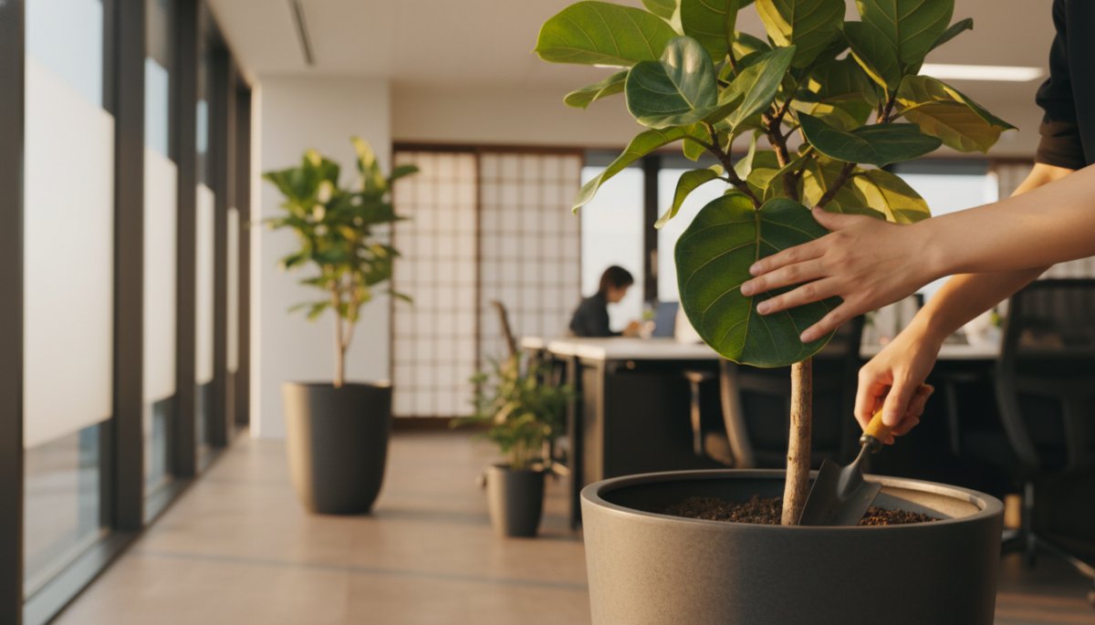 オフィスでの観葉植物定期メンテナンス作業風景