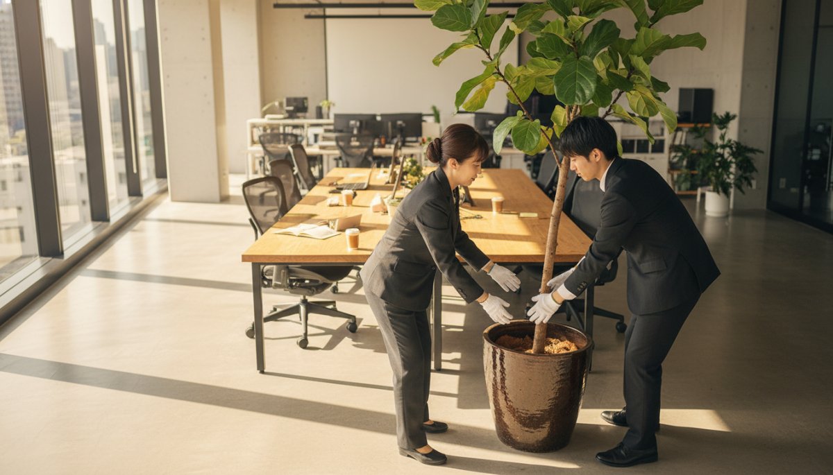 プロスタッフによる観葉植物の配置調整作業