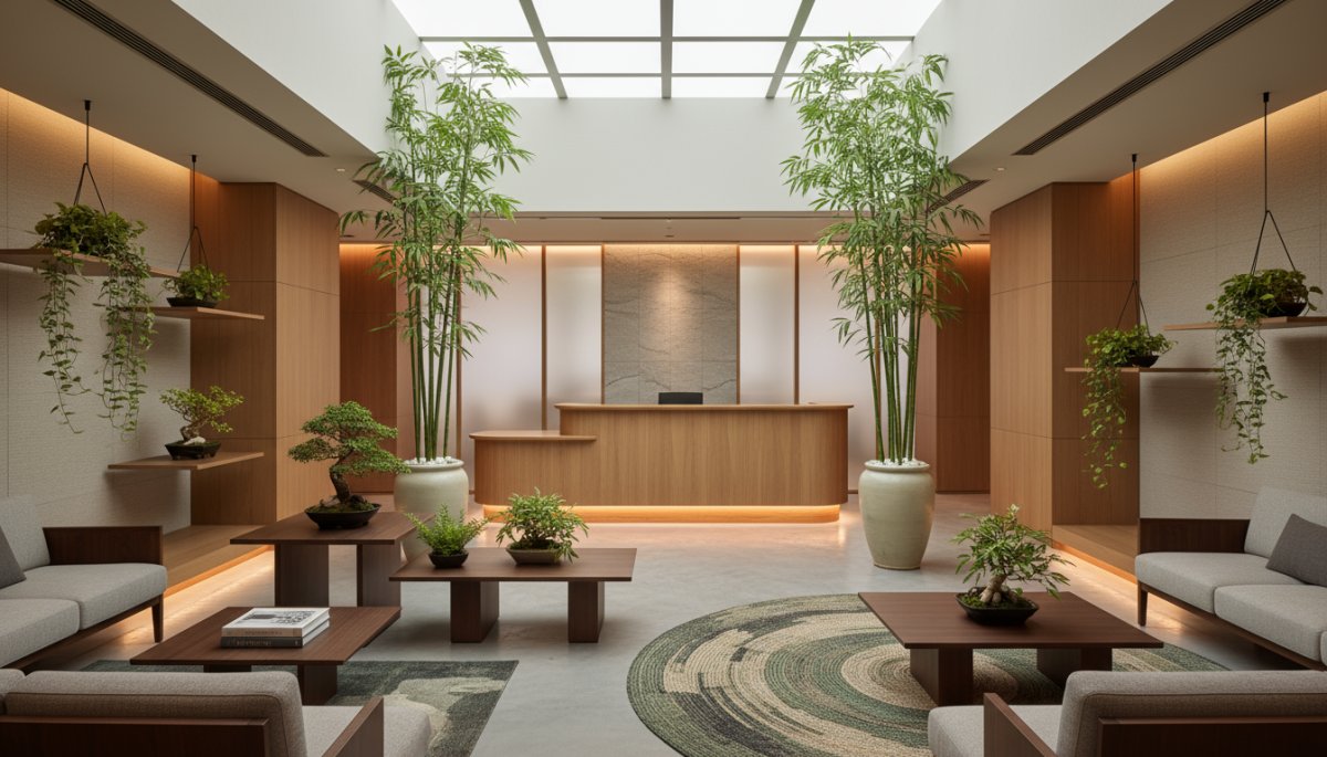 観葉植物が置かれたオフィスエントランス
