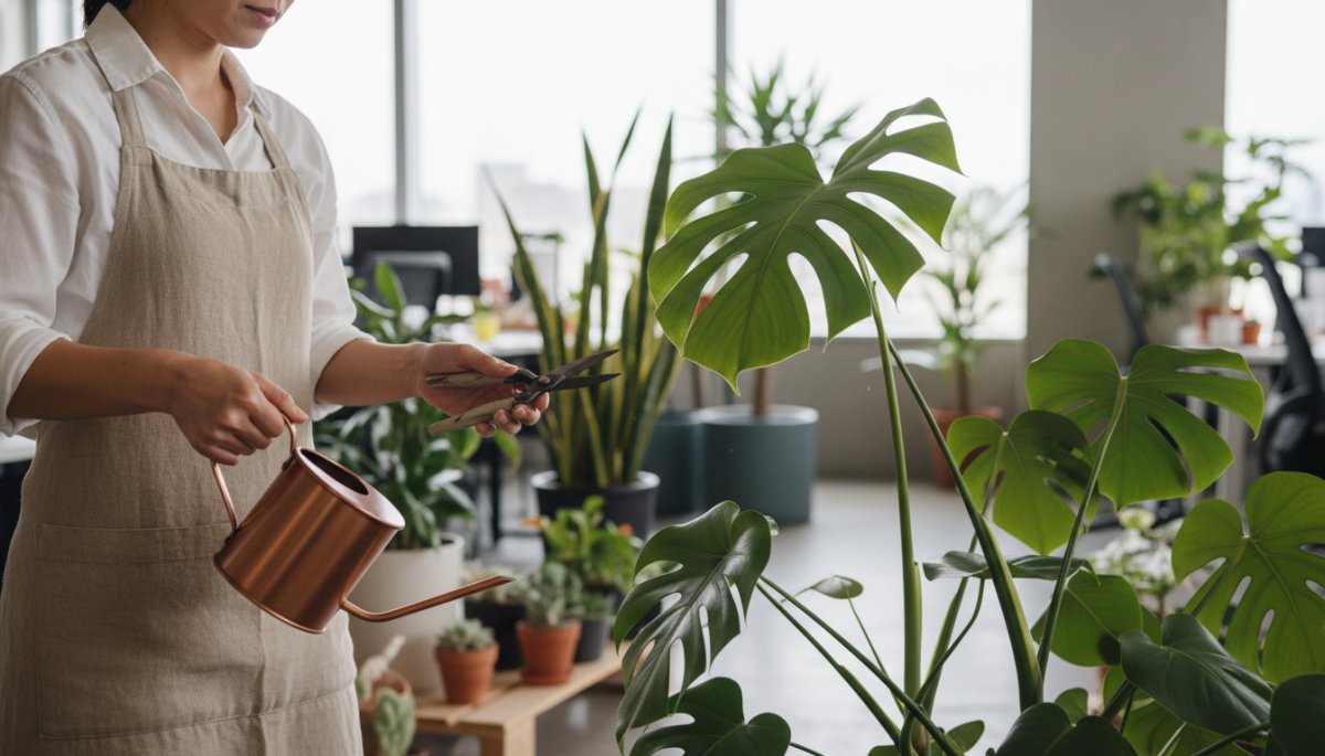 オフィス観葉植物の定期メンテナンス風景