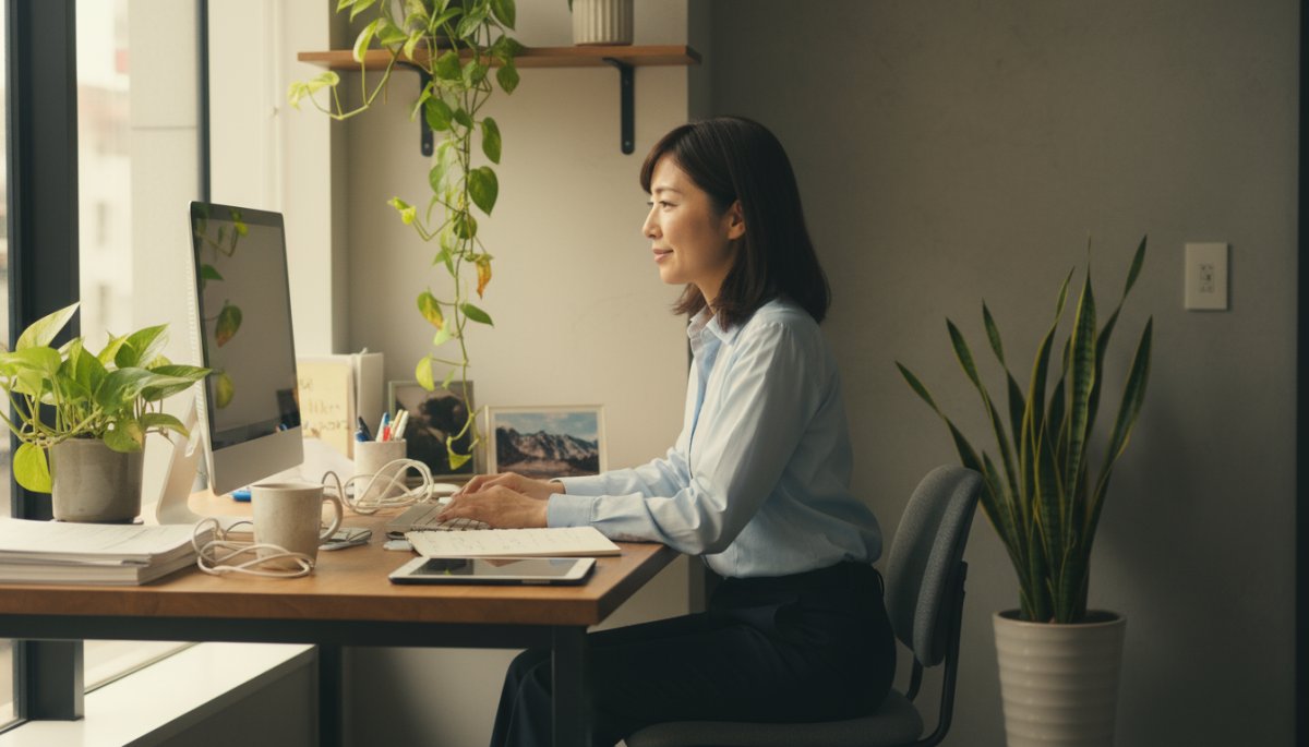 オフィスに置かれた観葉植物によりストレス軽減効果が期待できるイメージ