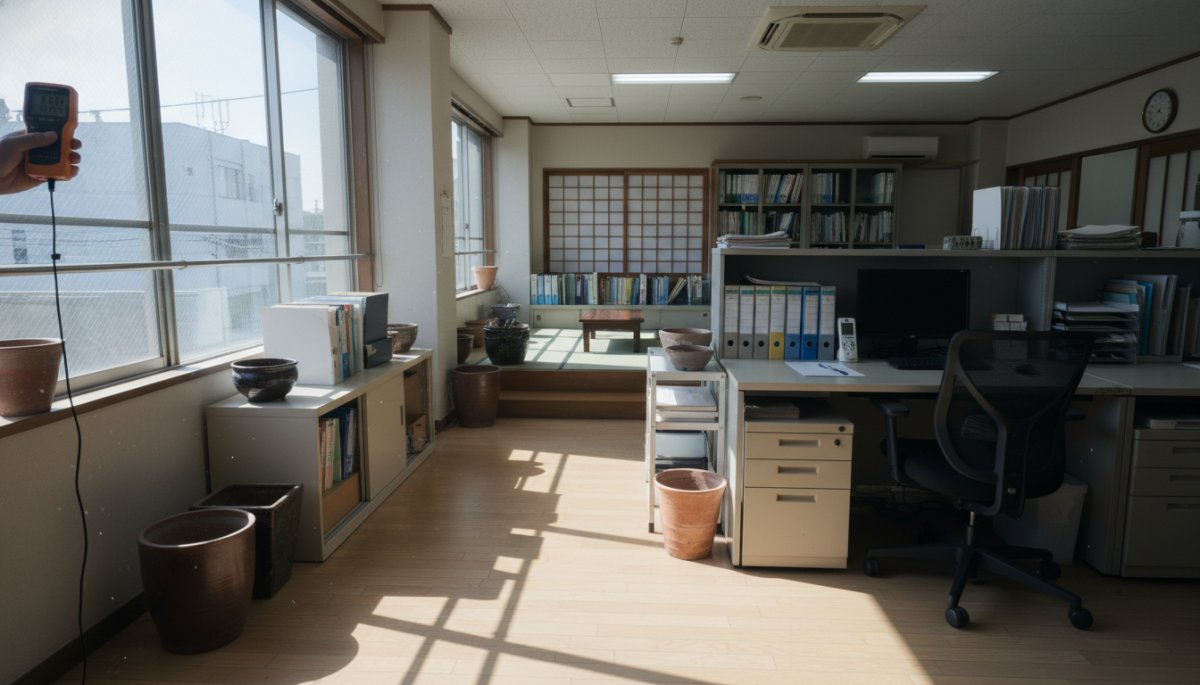 観葉植物設置前のオフィスで環境チェックを行う様子