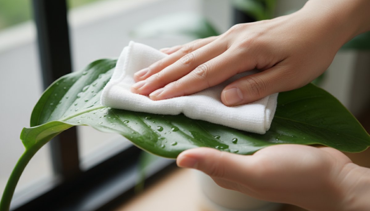 オフィス観葉植物の葉を柔らかい布で拭き取る清掃作業