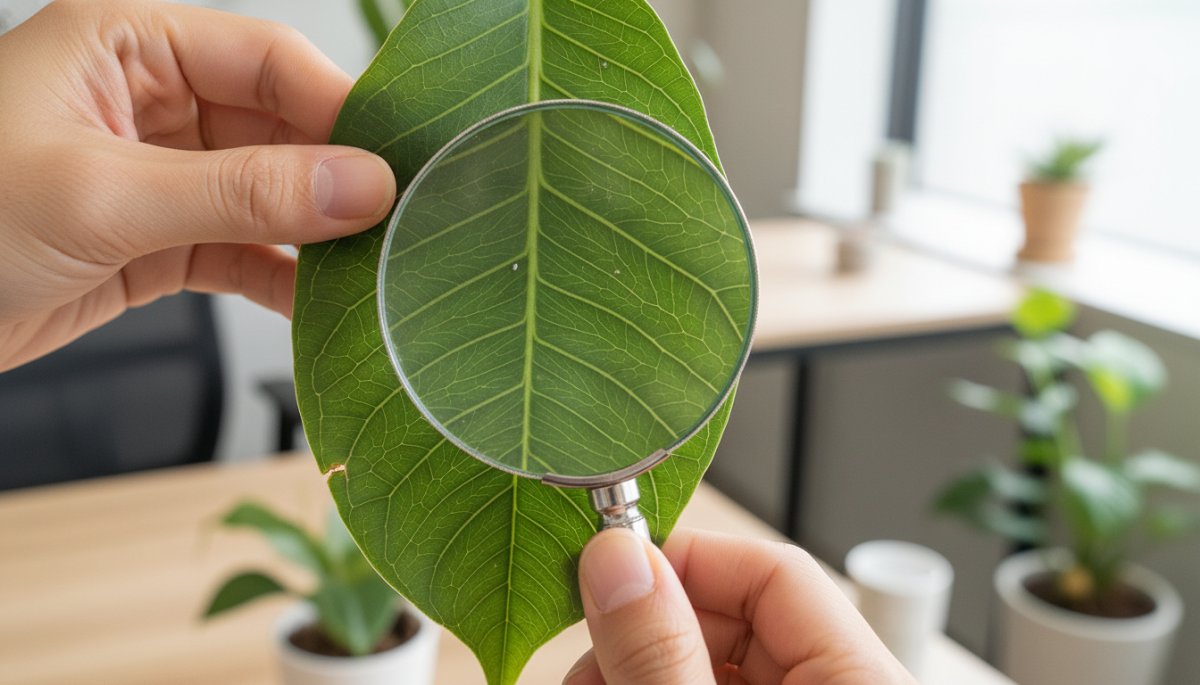 観葉植物の葉裏を確認する病害虫チェック作業