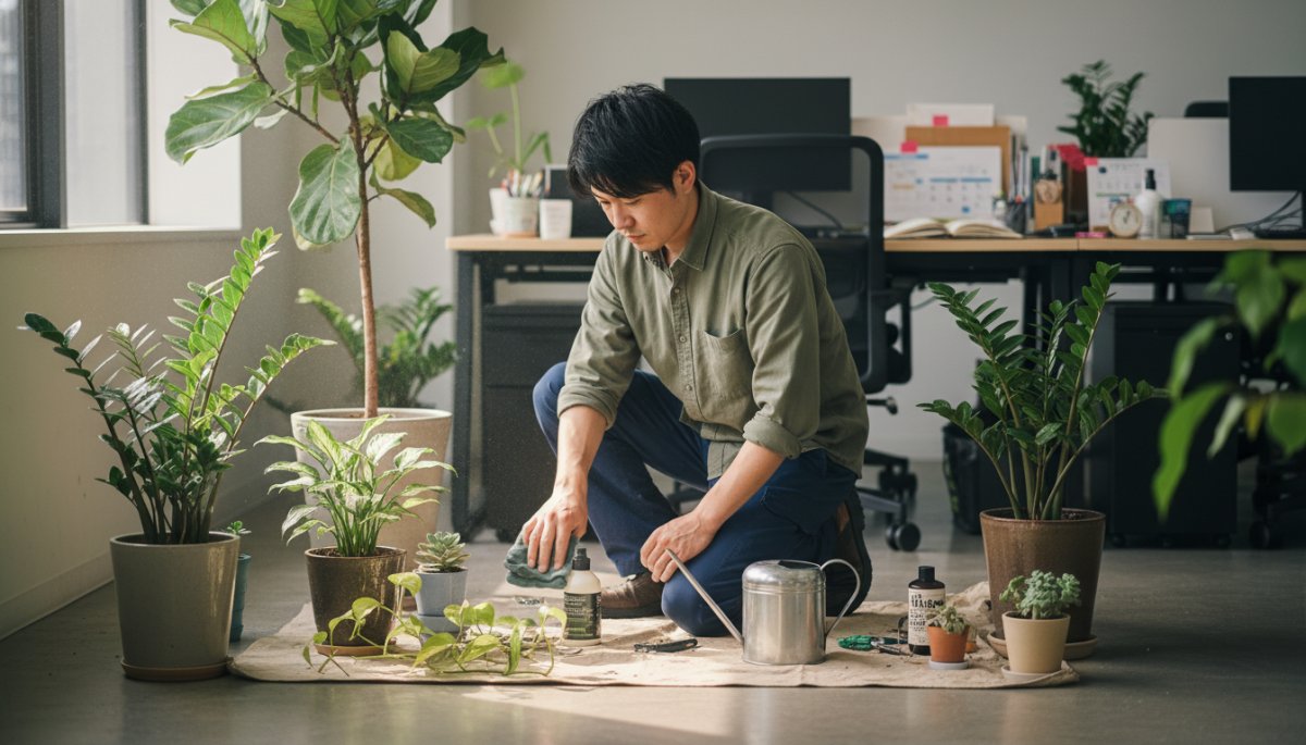 プロによるオフィス観葉植物のメンテナンス作業