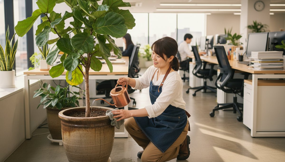 観葉植物のメンテナンス作業を行う専門スタッフ