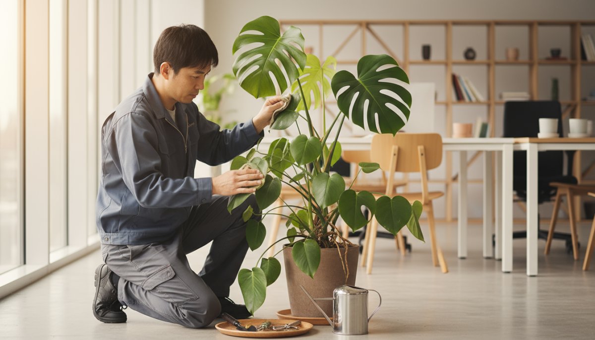 オフィス観葉植物の定期メンテナンス作業風景