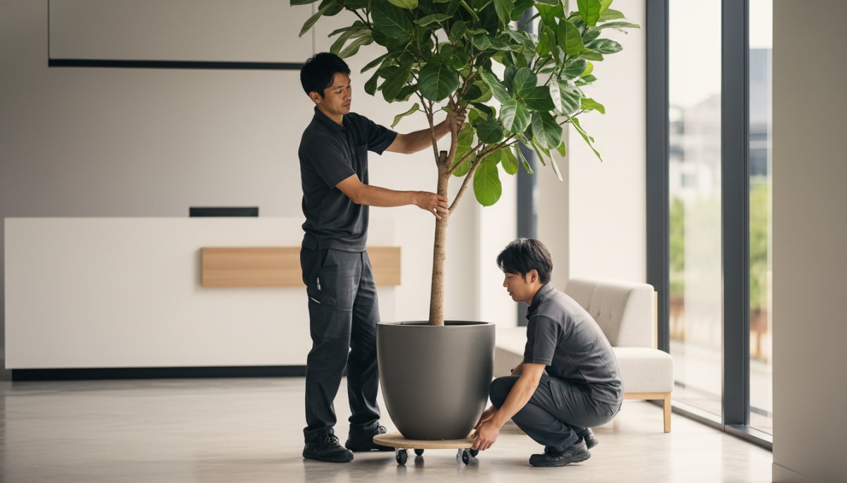 オフィスへの観葉植物設置作業
