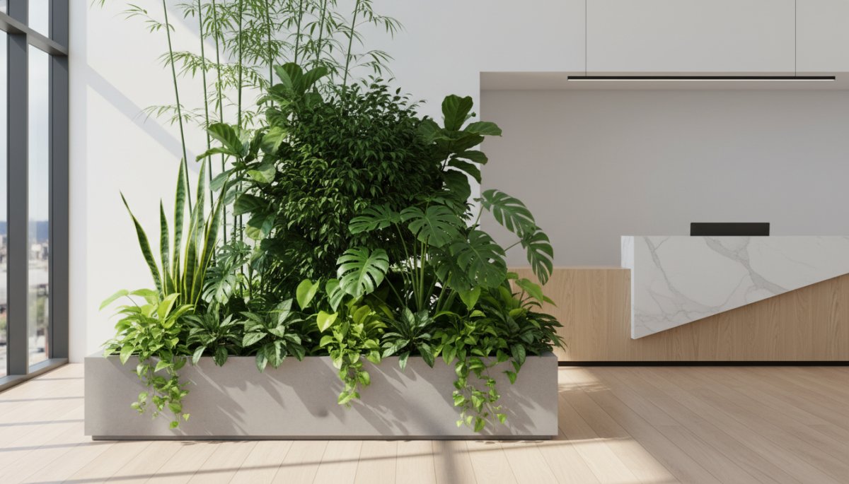 オフィス受付に配置された観葉植物寄せ植えレンタル