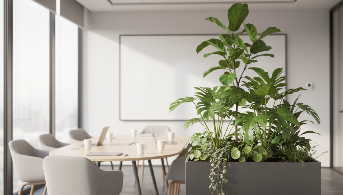 会議室に設置された観葉植物寄せ植えのコーディネート例