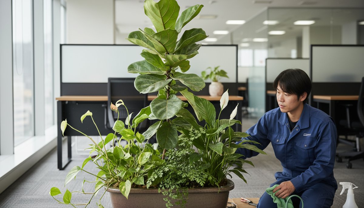 名古屋オフィスの観葉植物寄せ植えレンタルメンテナンス風景