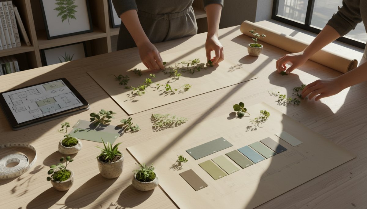 オフィスレイアウトと植物配置を検討する様子