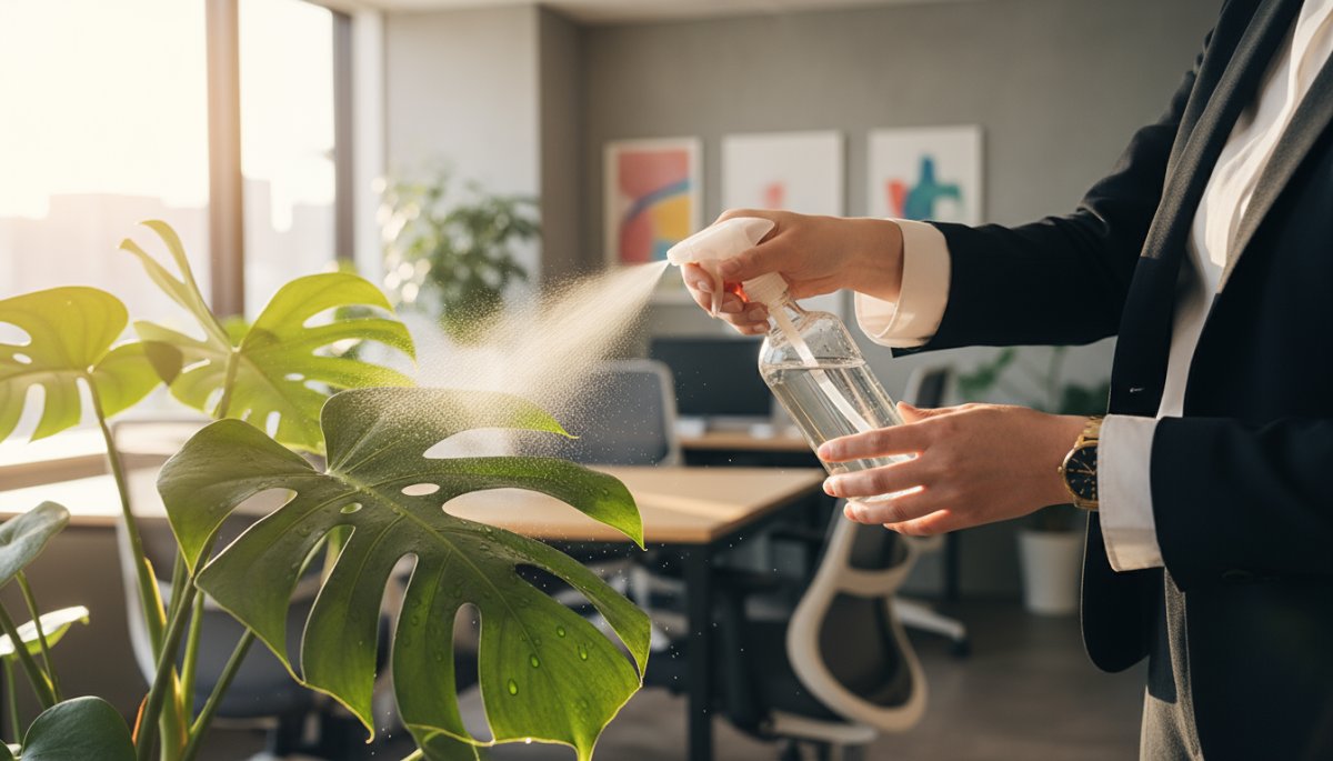 オフィス植物に定期的に水やりしてメンテナンスする様子
