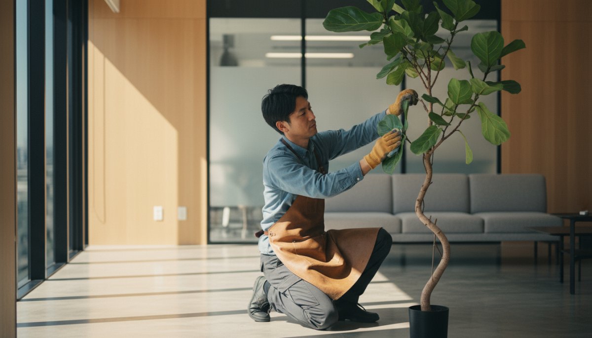 オフィスに設置された大型観葉植物とメンテナンススタッフ