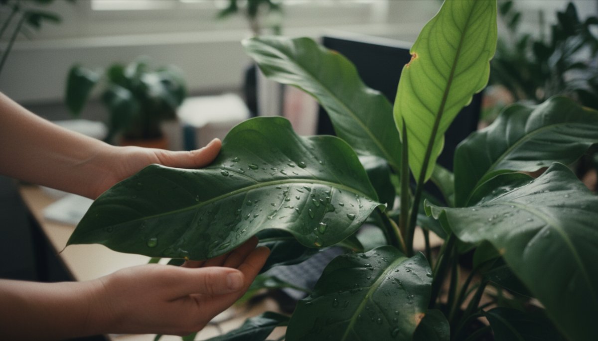 観葉植物の葉を丁寧にケアする様子