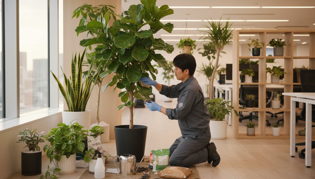 オフィス内で定期メンテナンスを受ける観葉植物