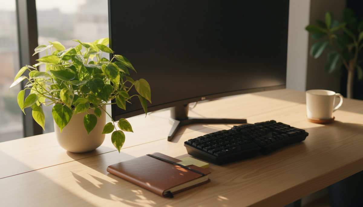 デスク周りの観葉植物で眼精疲労が緩和されるイメージ