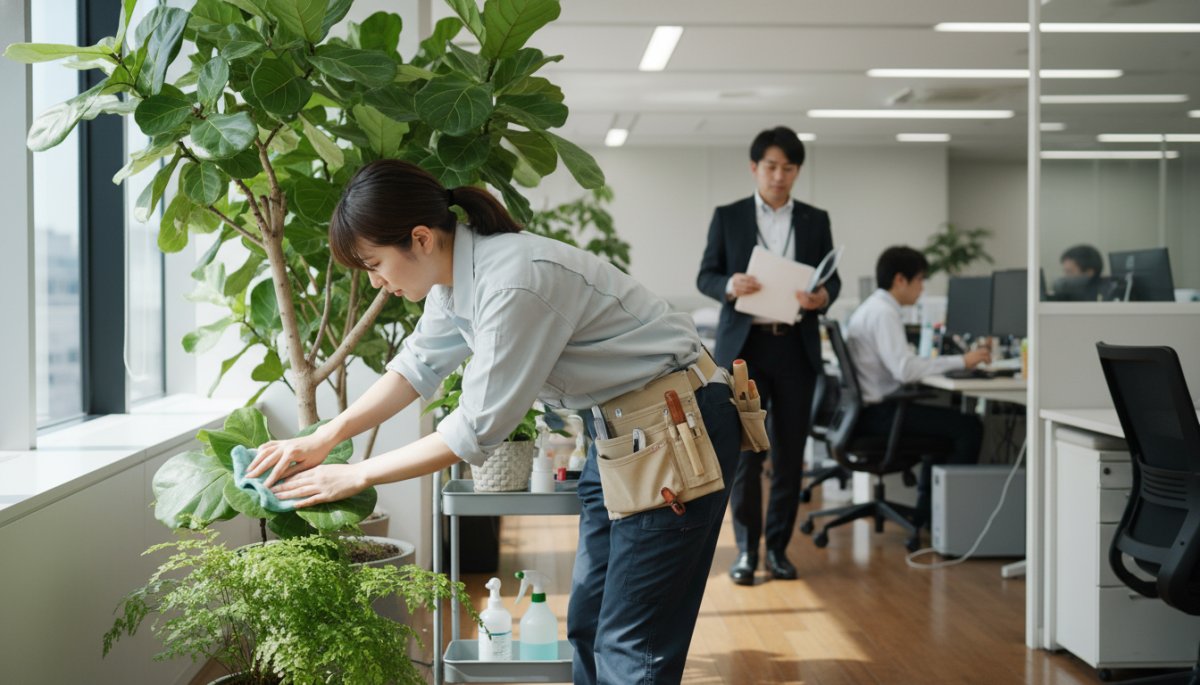  専門スタッフによる観葉植物のメンテナンス風景