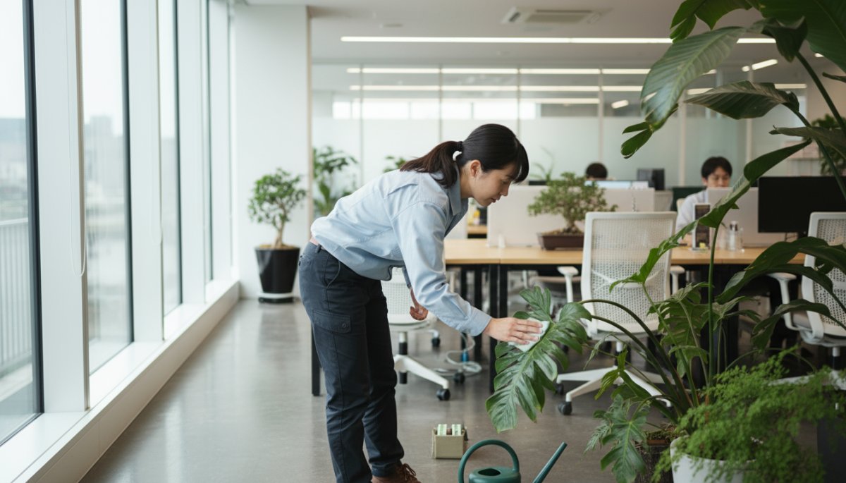 蟹江町オフィスでの観葉植物メンテナンス作業風景