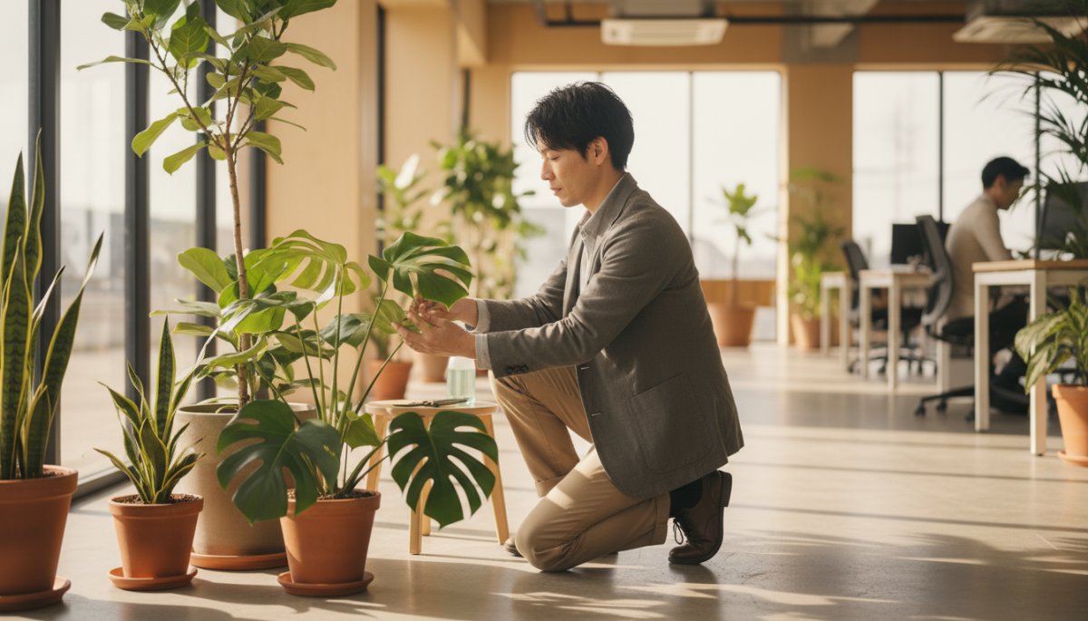オフィスの観葉植物のメンテナンスを行うスタッフの様子