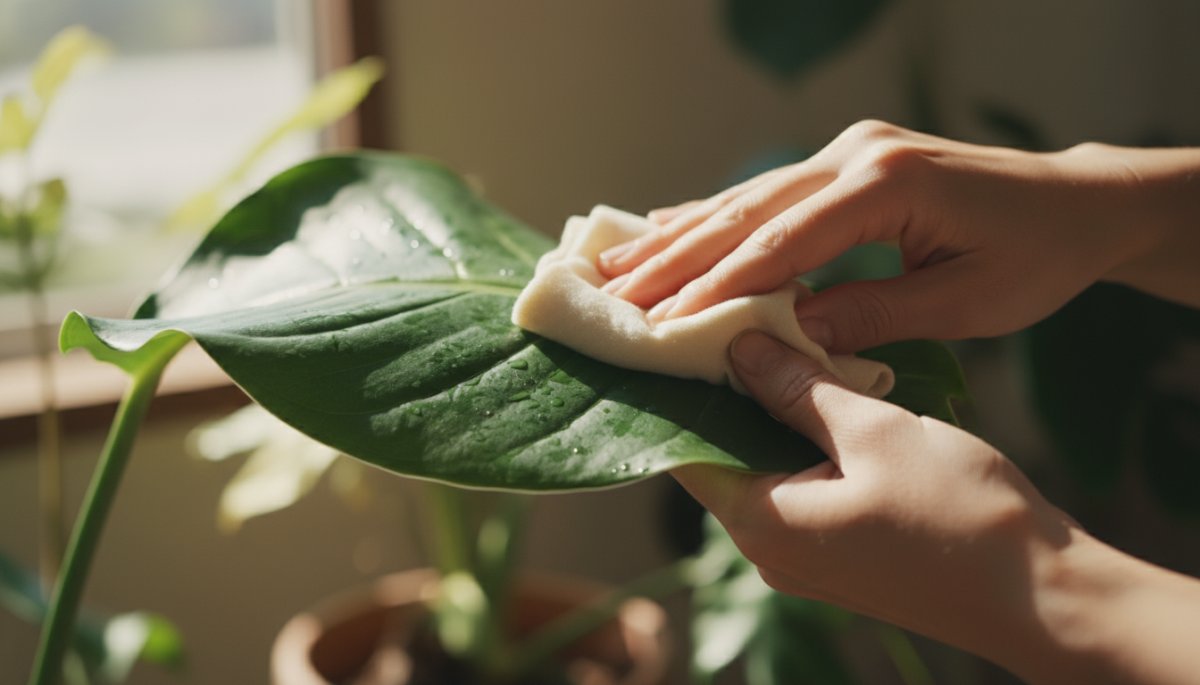 観葉植物のメンテナンスを行う様子