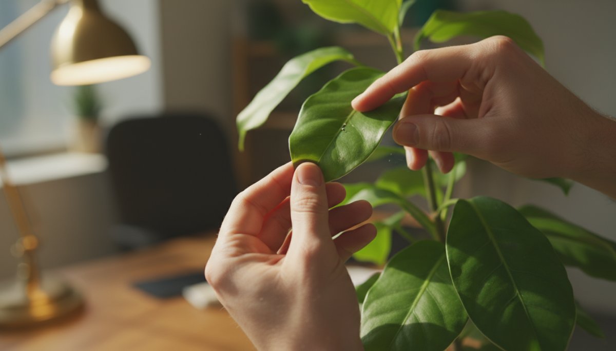 観葉植物の葉を丁寧にチェックする様子