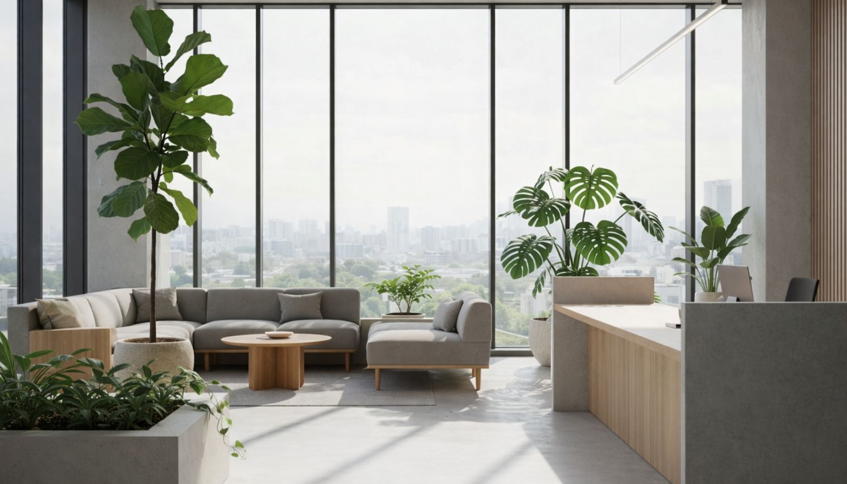 明るいオフィスエントランスに配置された観葉植物