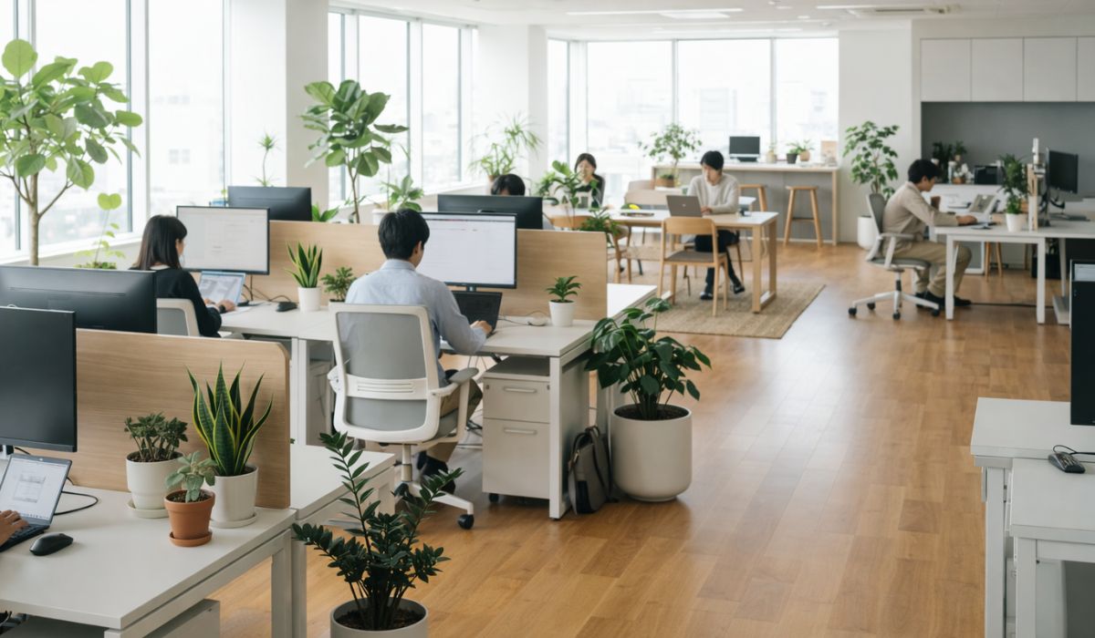 オフィス内に置かれた観葉植物で環境が向上するイメージ