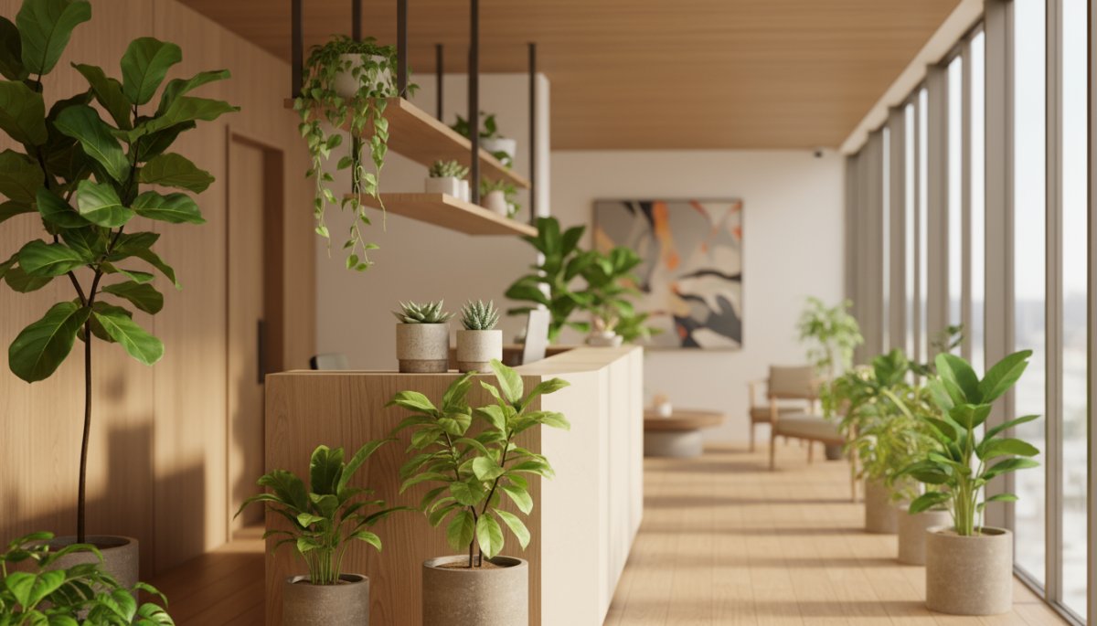 オフィスエントランスに飾られた季節のレンタル観葉植物