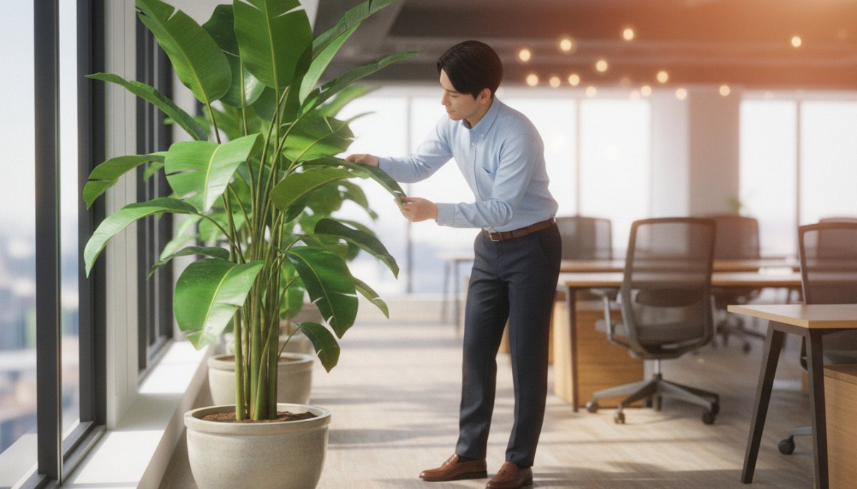 オフィス観葉植物の健康チェックを行っている様子