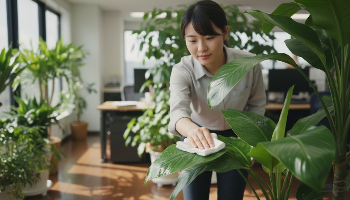 オフィス観葉植物の葉を柔らかい布で拭き取るスタッフ