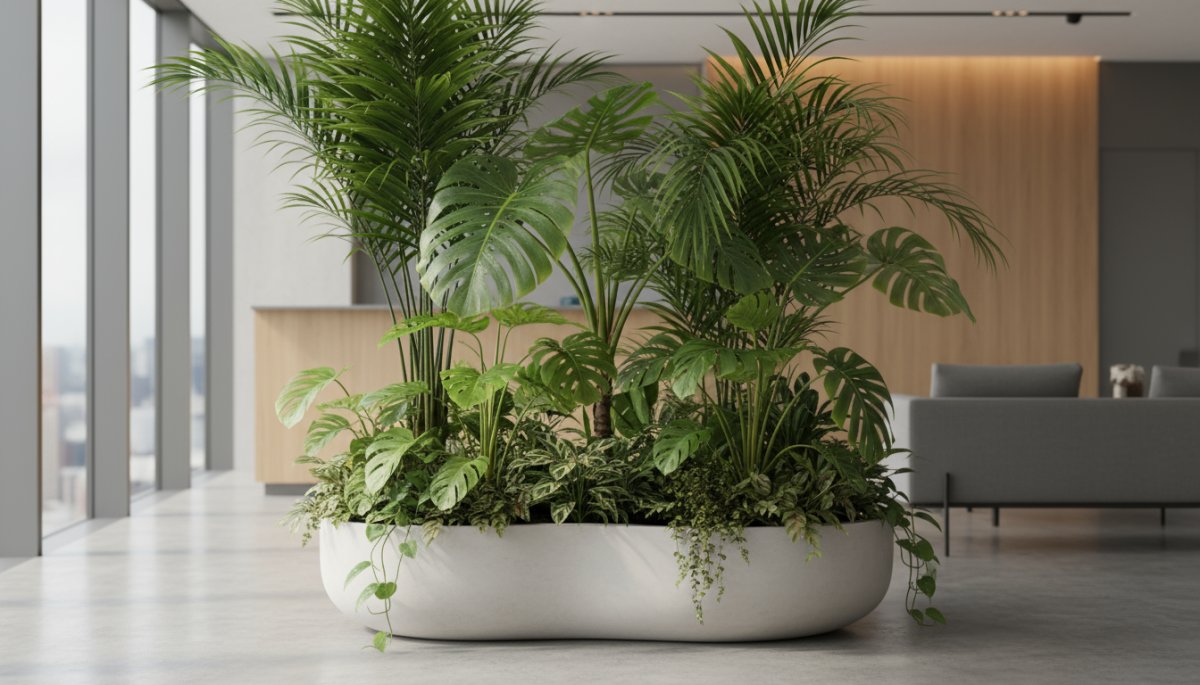 オフィス受付に設置された観葉植物寄せ植えのコーディネート例