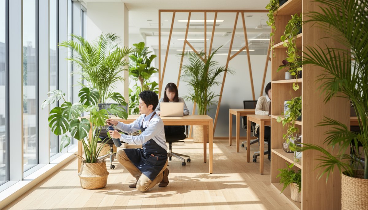 オフィス植物レンタルサービスの専門スタッフによる作業風景