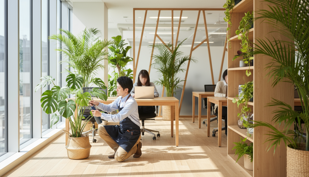 オフィス植物レンタルサービスの専門スタッフによる作業風景