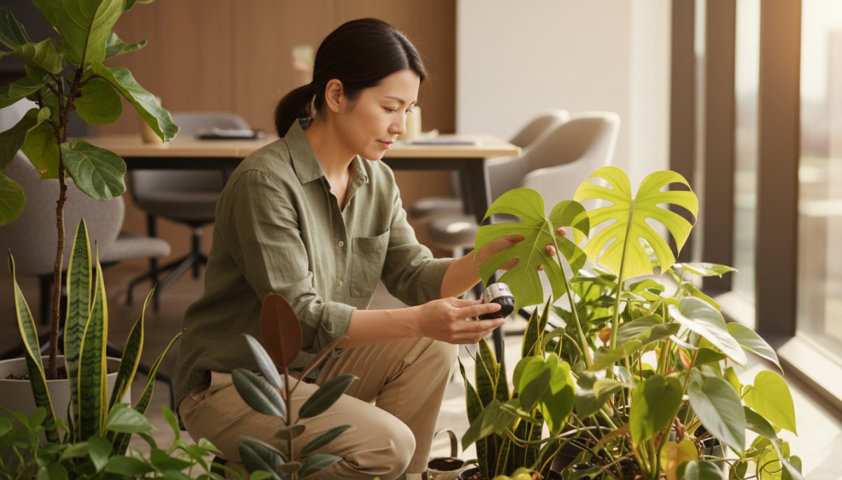 観葉植物プロによるオフィスメンテナンス作業風景